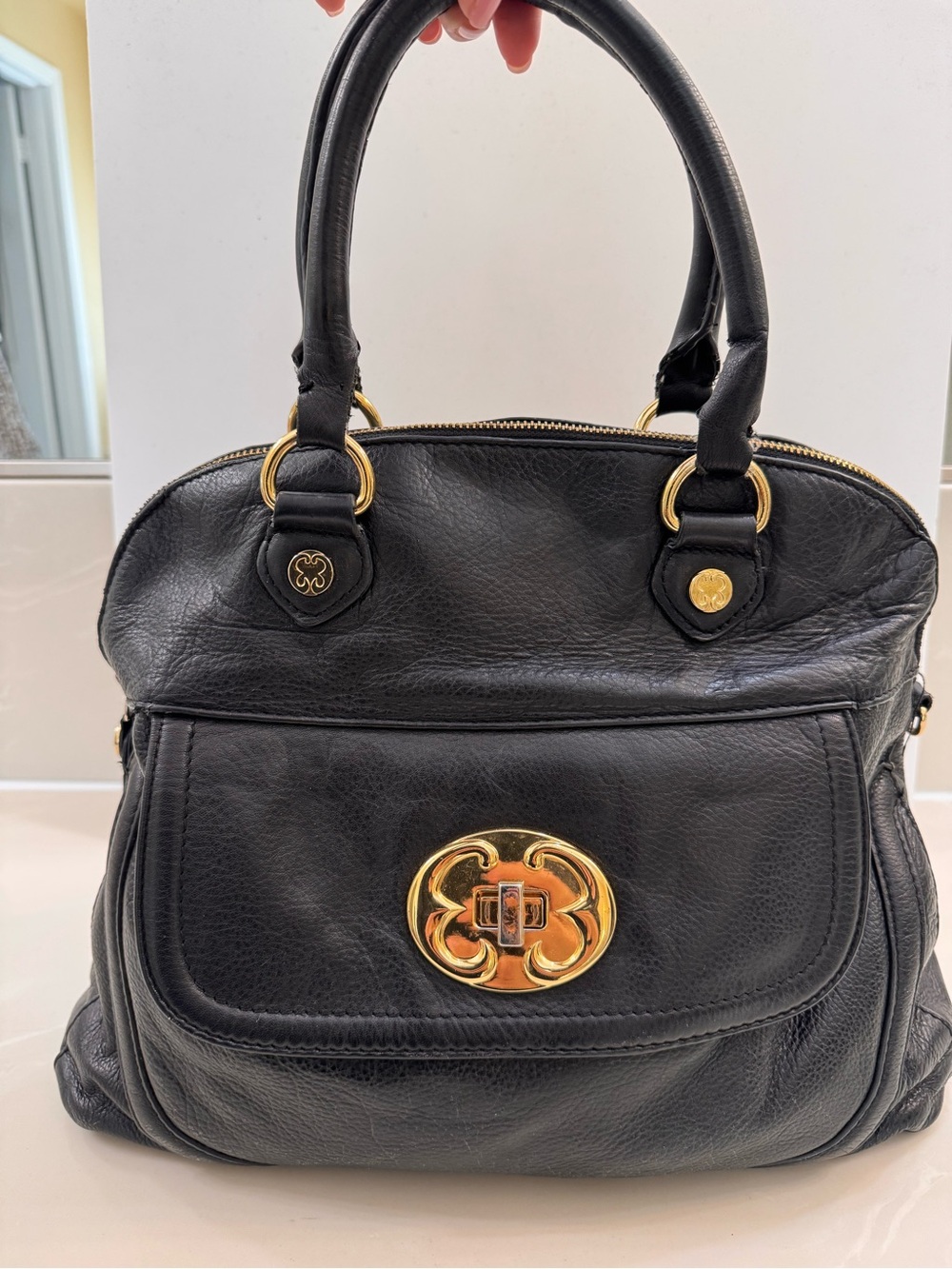 Emma Fox Black Leather Satchel with Gold Hardware